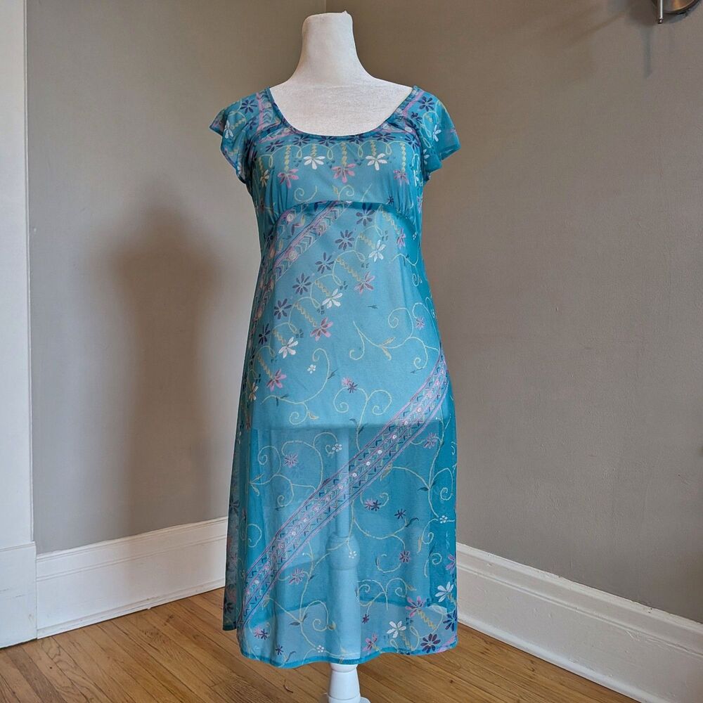 Vintage Y2K Floral Mesh Overlay Mini Dress, Empire Waist, Fairycore, Size 4P